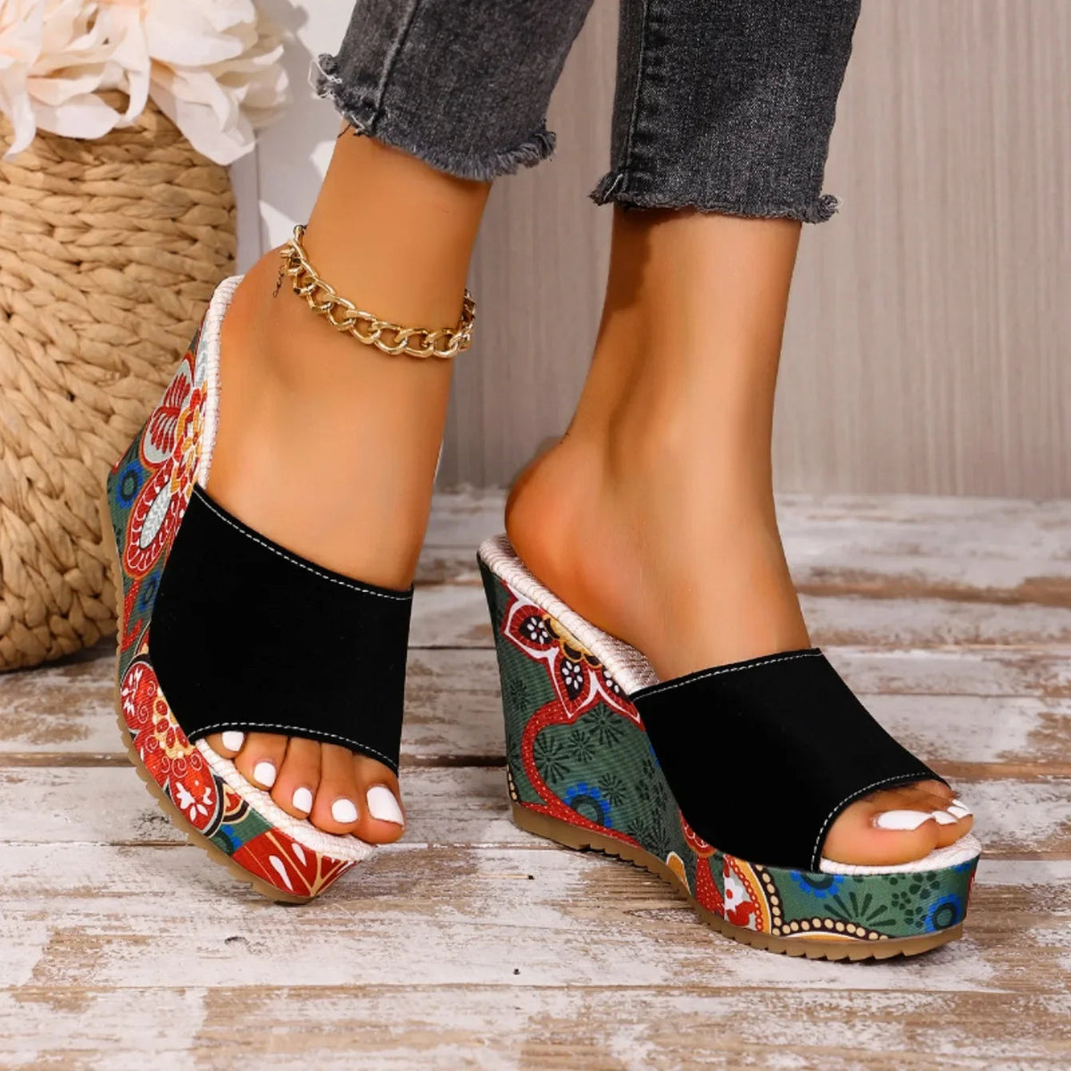 Velvet Wedge Sandal with Bohemian Style