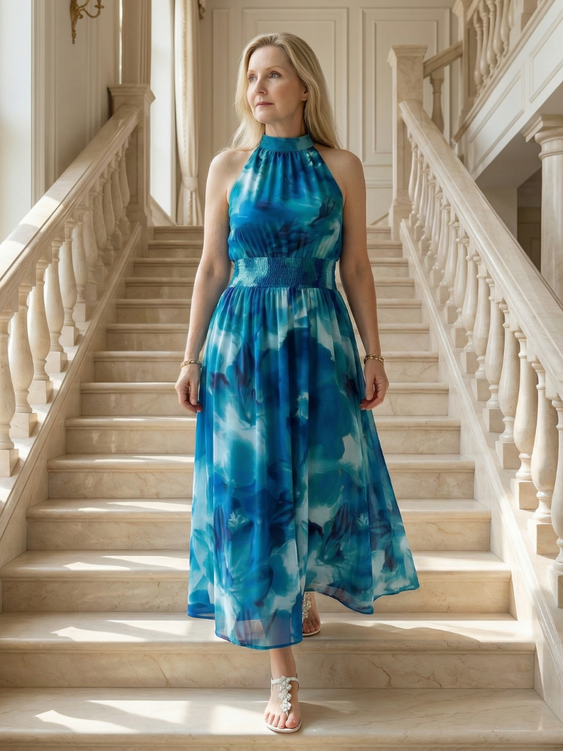 Elegant Smocked Halterneck Midi Dress Summer