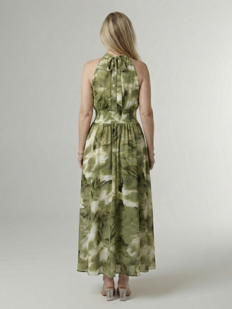 Elegant Smocked Halterneck Midi Dress Summer