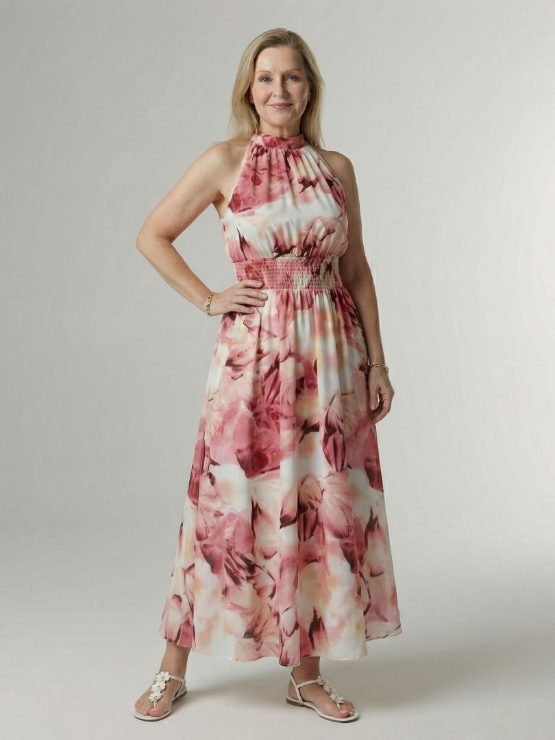Elegant Smocked Halterneck Midi Dress Summer
