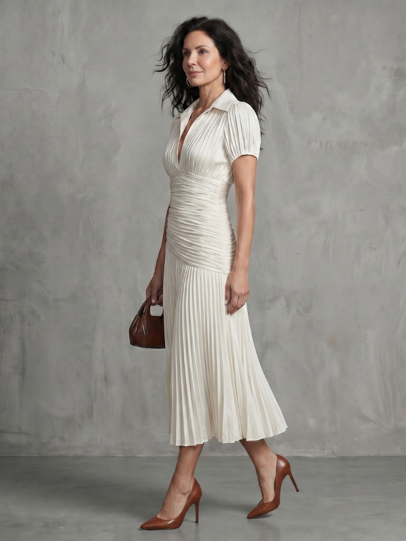 Elegant Pleated Midi Dress with Waistband Detail
