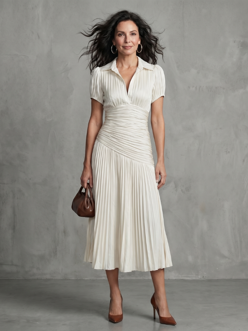 Elegant Pleated Midi Dress with Waistband Detail
