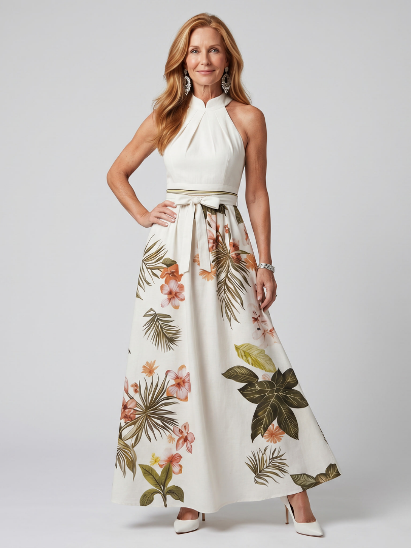Elegant Botanical Print Halter Maxi Dress Summer Flowy Fit