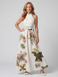 Elegant Botanical Print Halter Maxi Dress Summer Flowy Fit