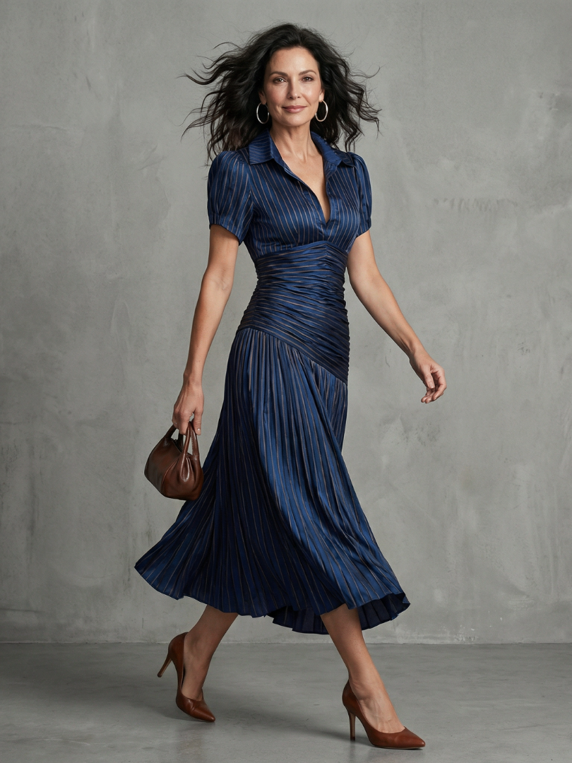 Elegant Pleated Midi Dress with Waistband Detail