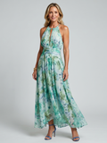 Relaxed Floral Pleated Midi Dress with Halter Neck