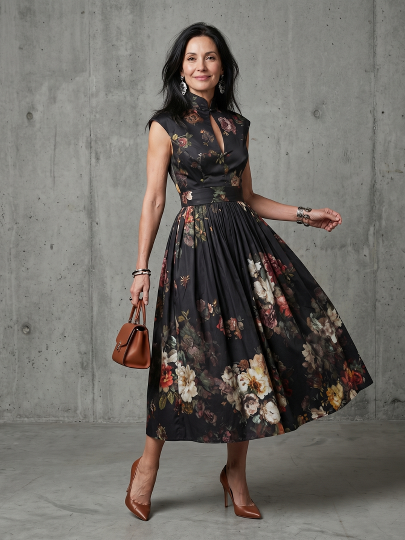 Elegant Keyhole Pleated Midi Dress with High Neck Detail