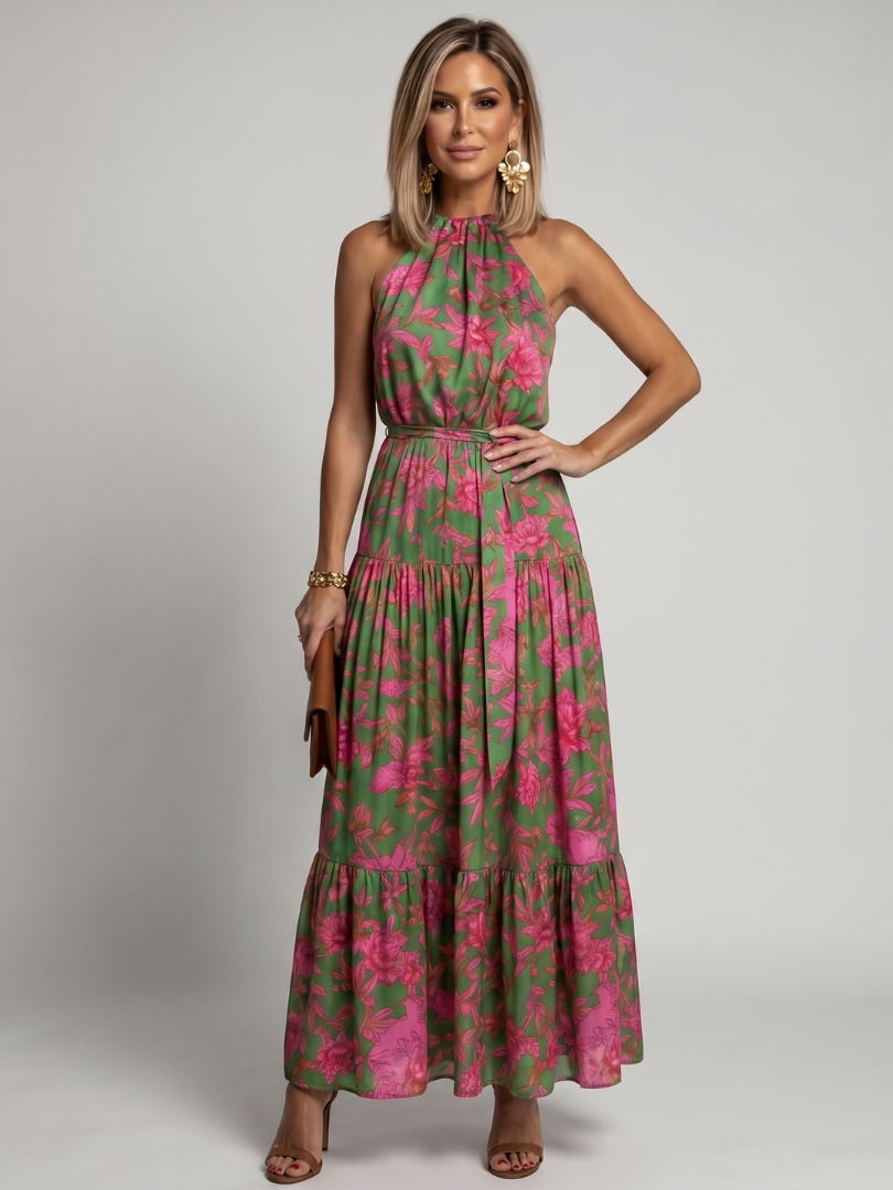 Elegant Draped Halter Midi Dress for Summer Evenings