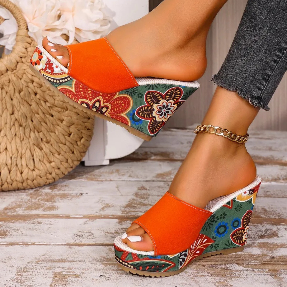 Velvet Wedge Sandal with Bohemian Style