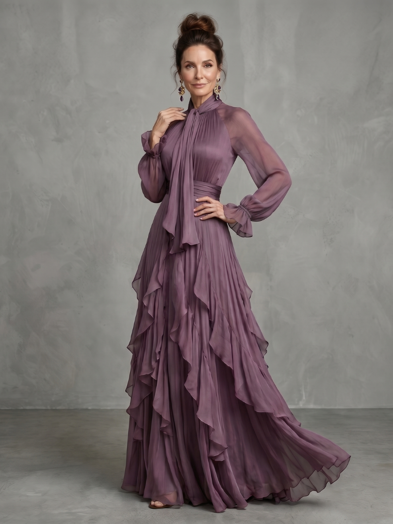 Elegant Tiered Ruffle Maxi Dress with Neck Tie Detail