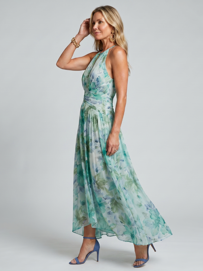 Relaxed Floral Pleated Midi Dress with Halter Neck
