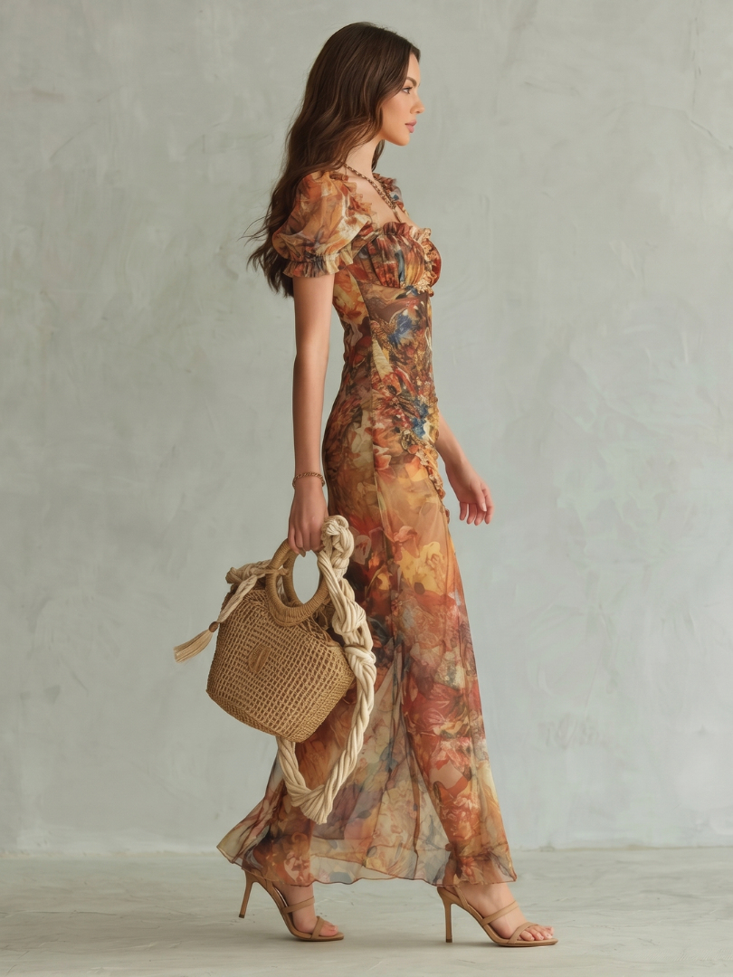 Elegant Gathered Sleeve Midi Dress with Side Slit Summer