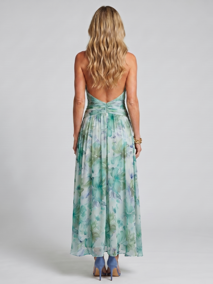 Relaxed Floral Pleated Midi Dress with Halter Neck