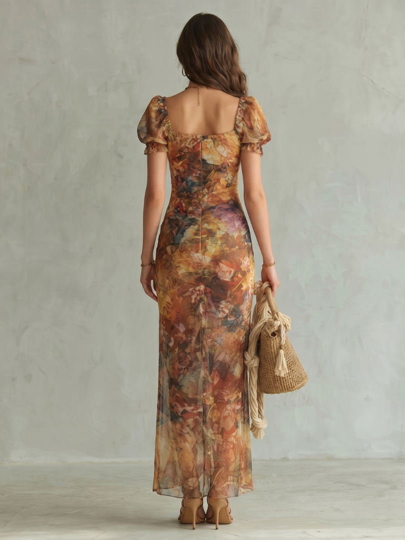 Elegant Gathered Sleeve Midi Dress with Side Slit Summer