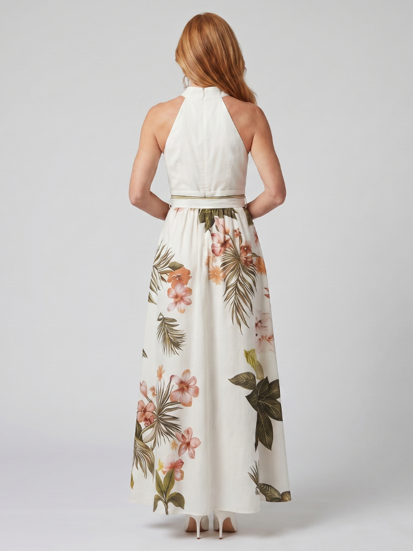 Elegant Botanical Print Halter Maxi Dress Summer Flowy Fit