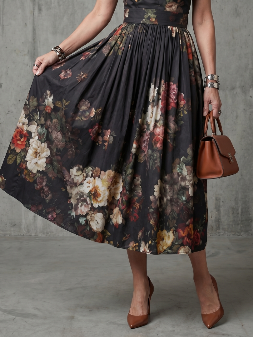 Elegant Keyhole Pleated Midi Dress with High Neck Detail
