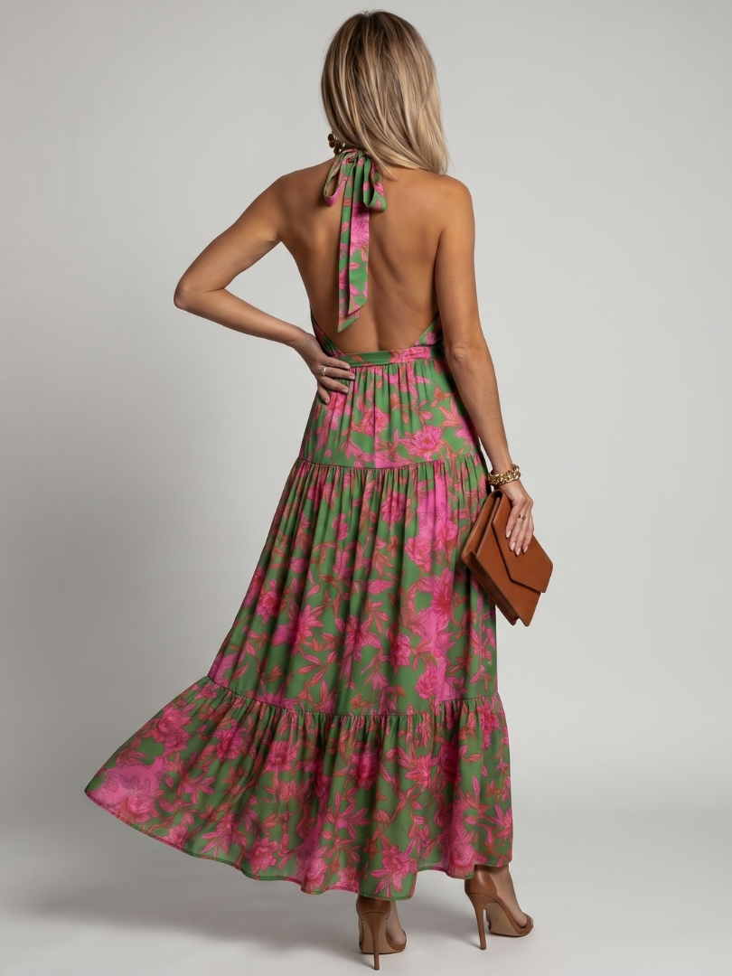 Elegant Draped Halter Midi Dress for Summer Evenings