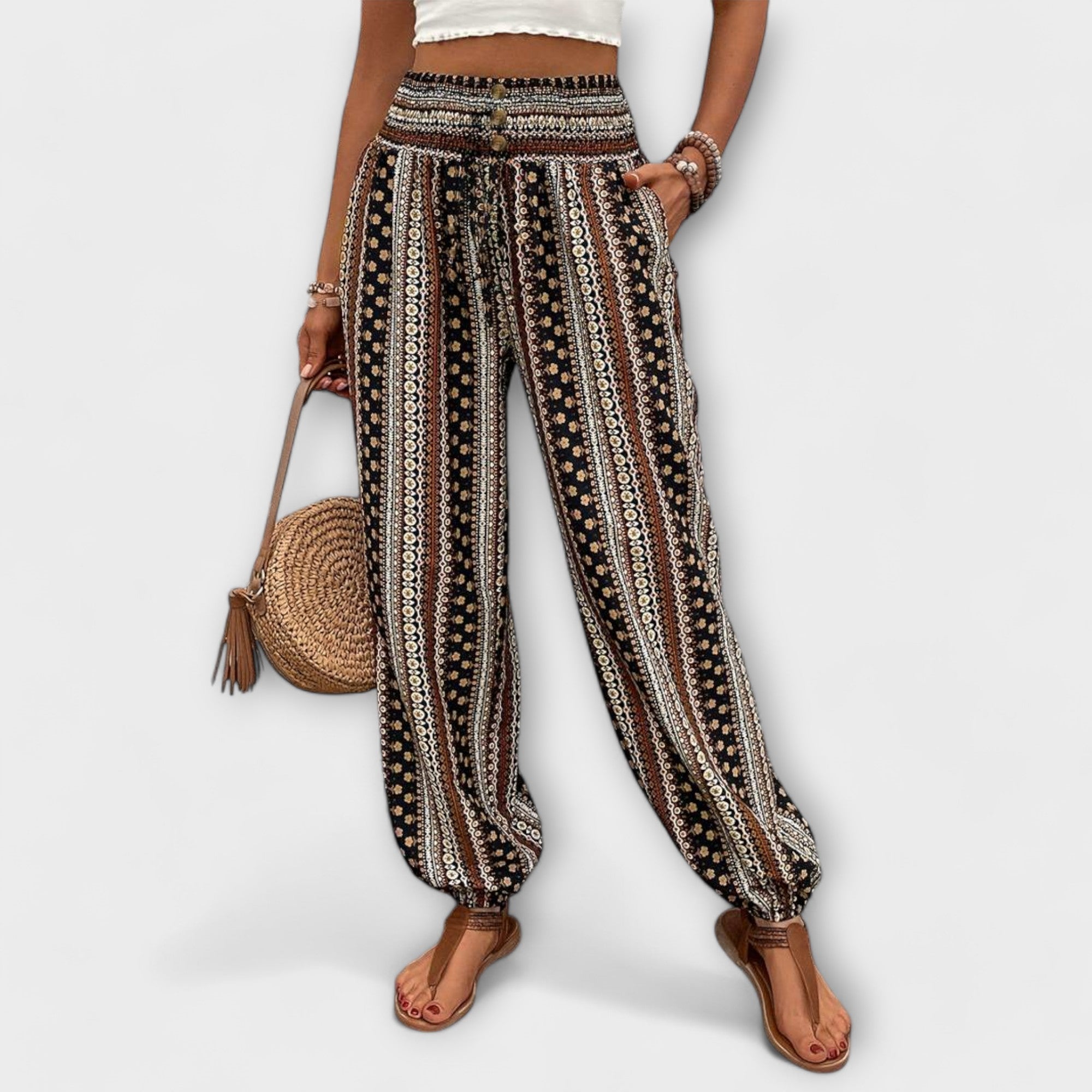 Relaxed Ethnic Print Wide-Leg Trousers Spring