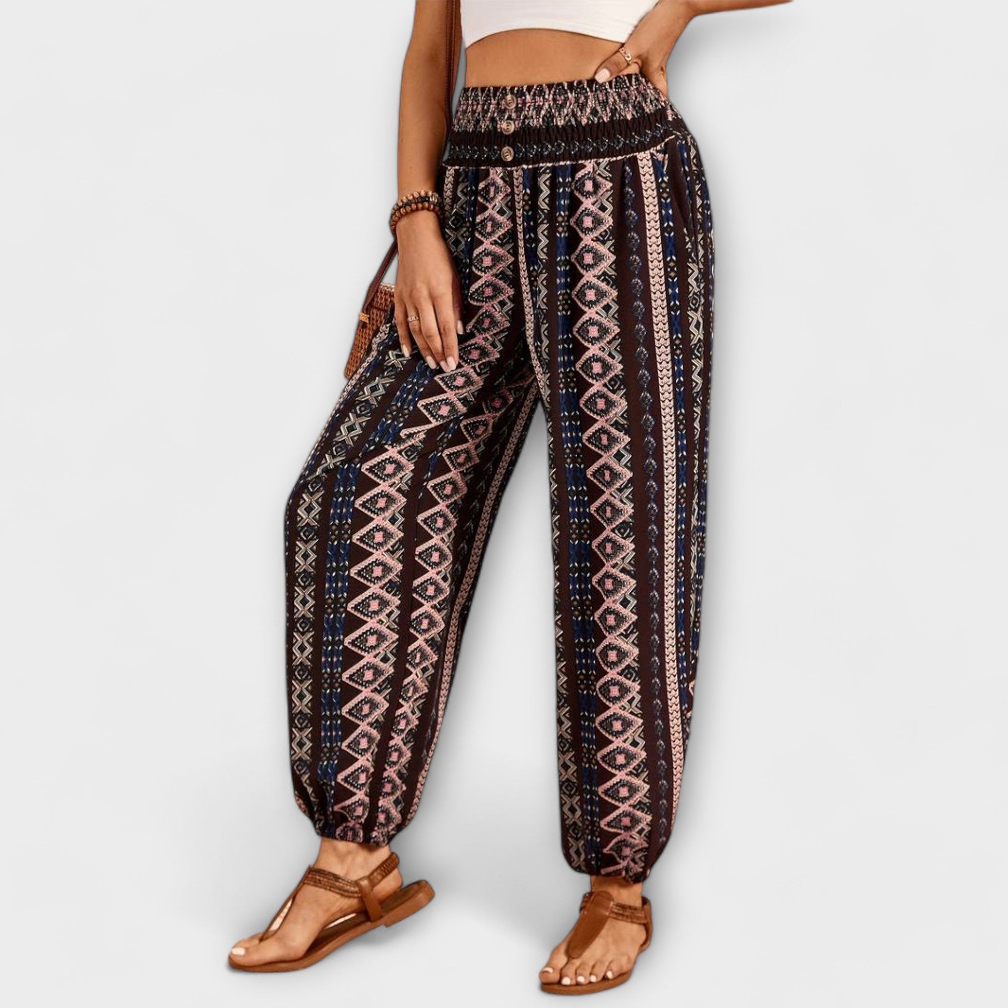 Relaxed Ethnic Print Wide-Leg Trousers Spring