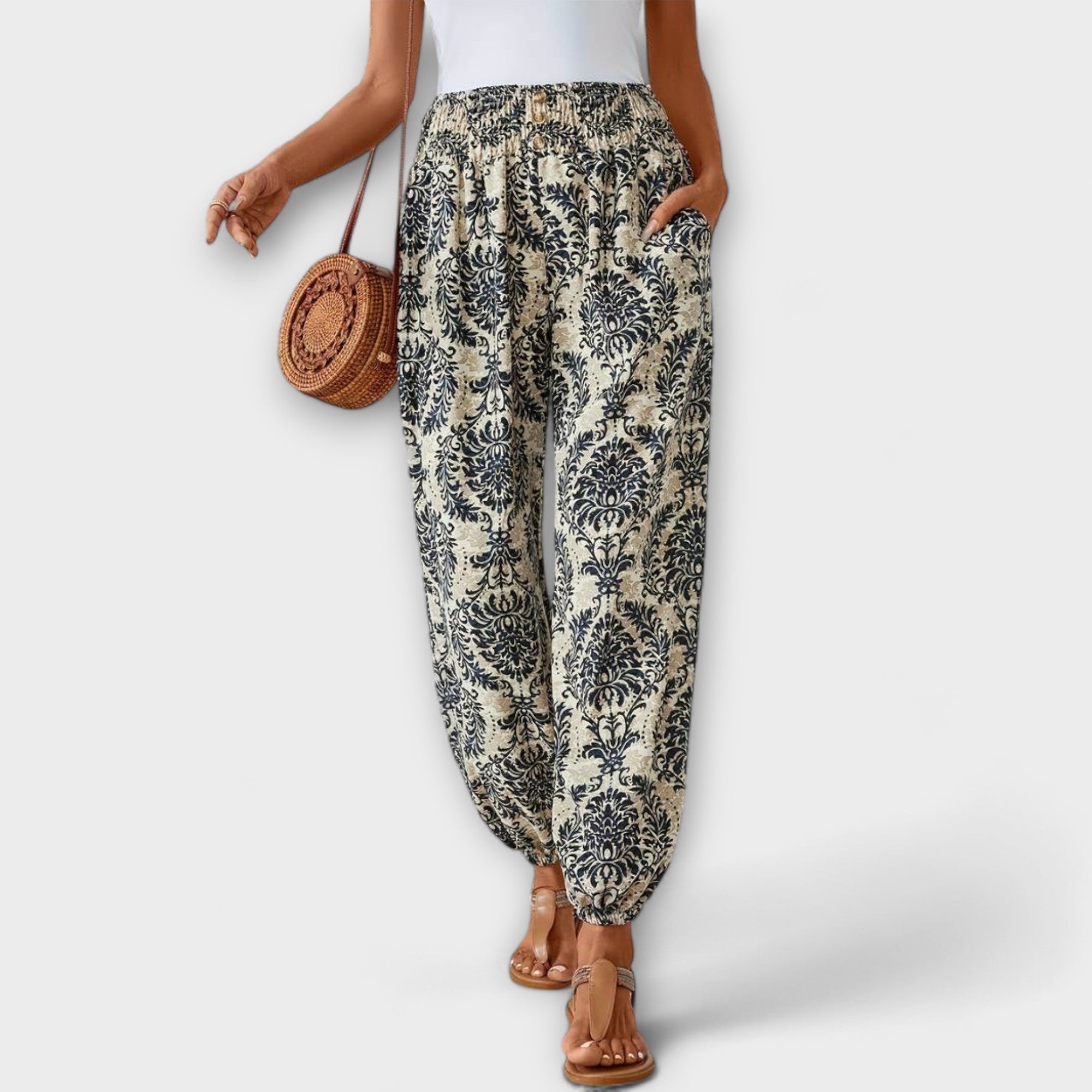 Relaxed Ethnic Print Wide-Leg Trousers Spring