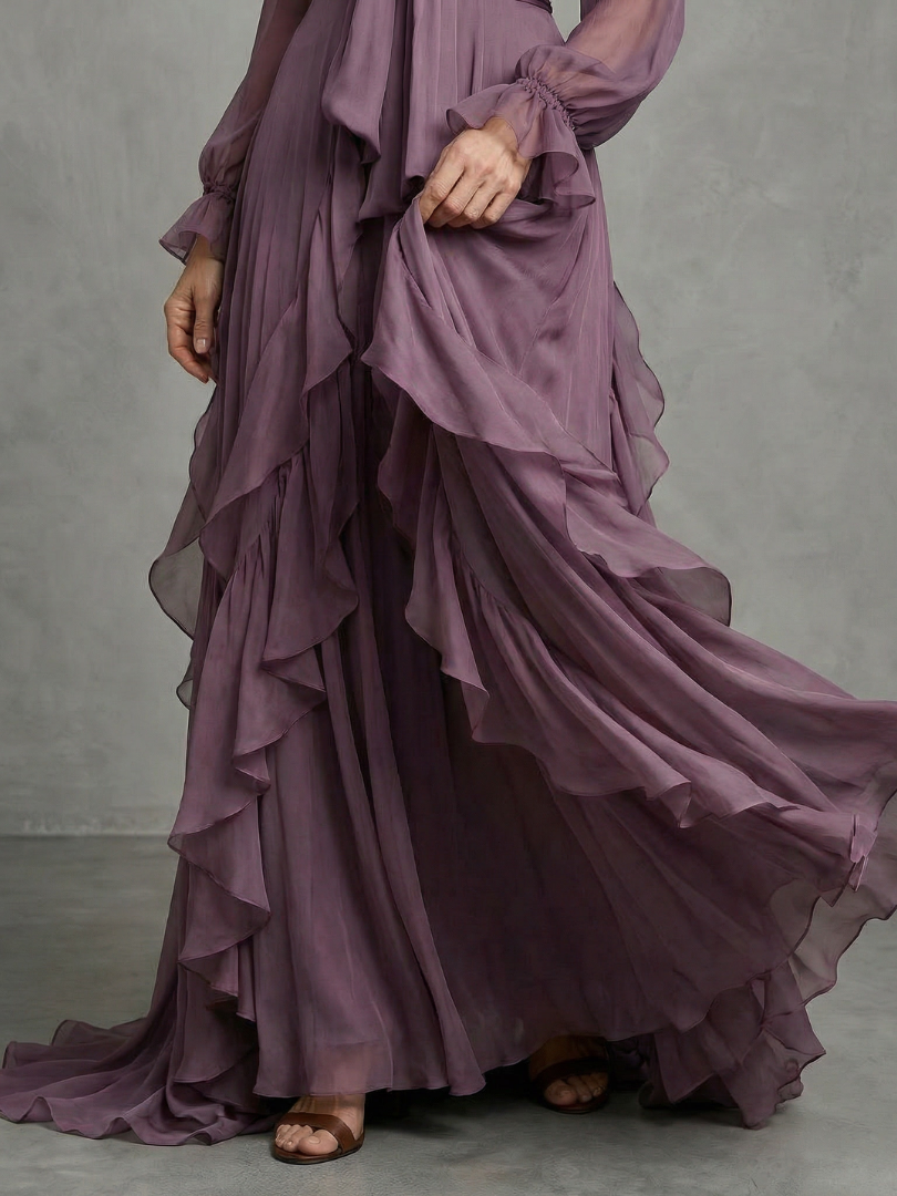 Elegant Tiered Ruffle Maxi Dress with Neck Tie Detail
