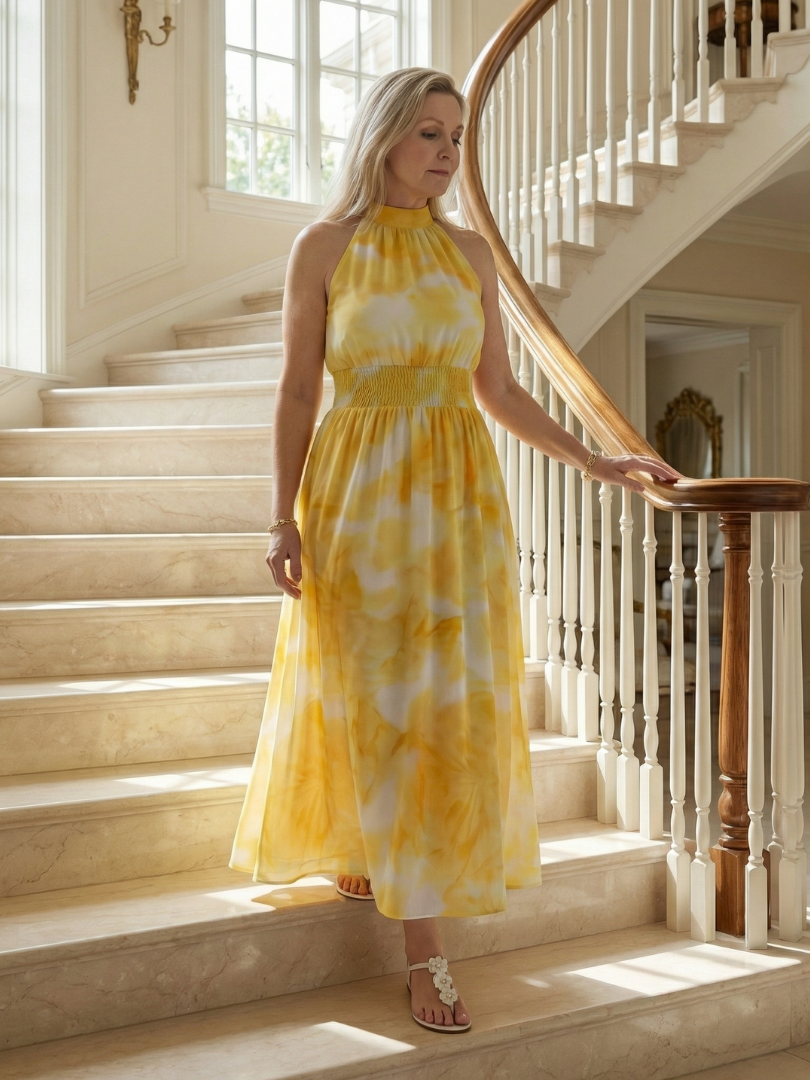 Elegant Smocked Halterneck Midi Dress Summer