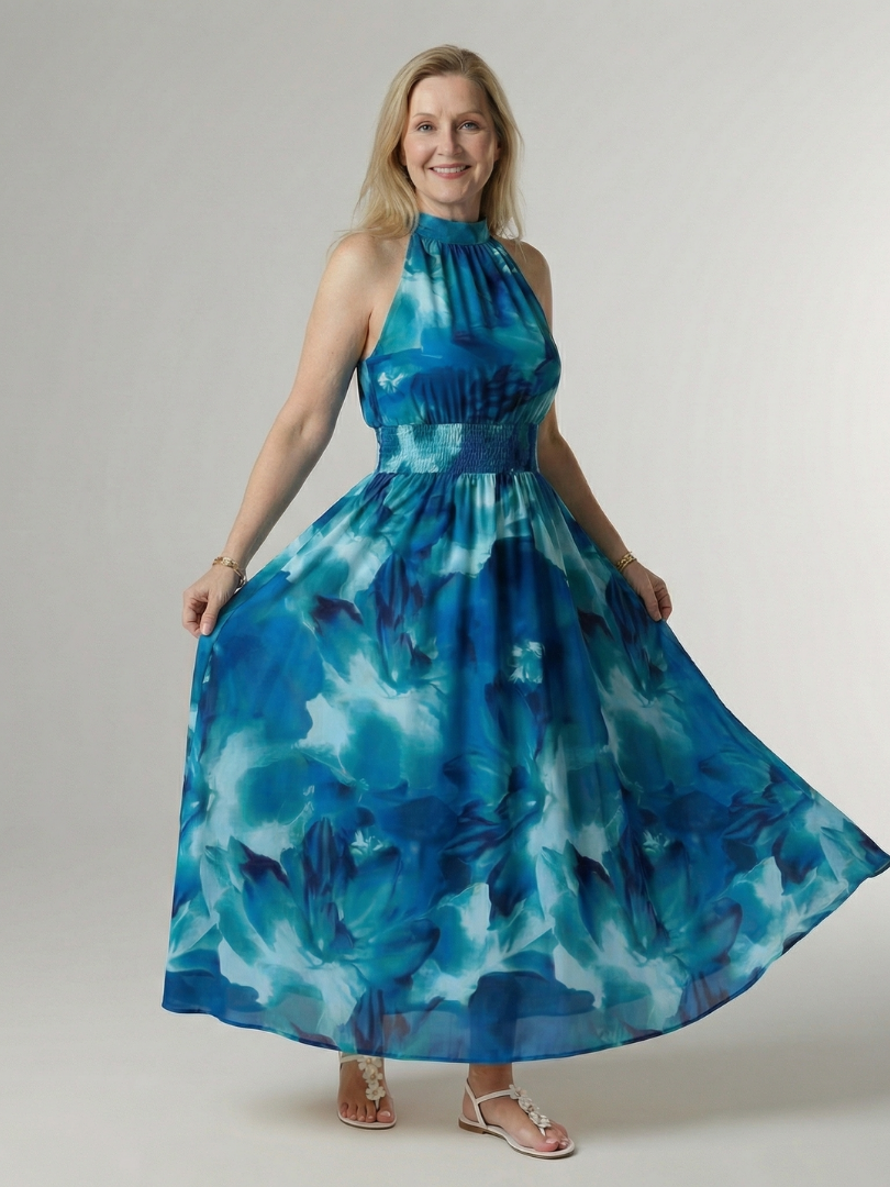 Elegant Smocked Halterneck Midi Dress Summer