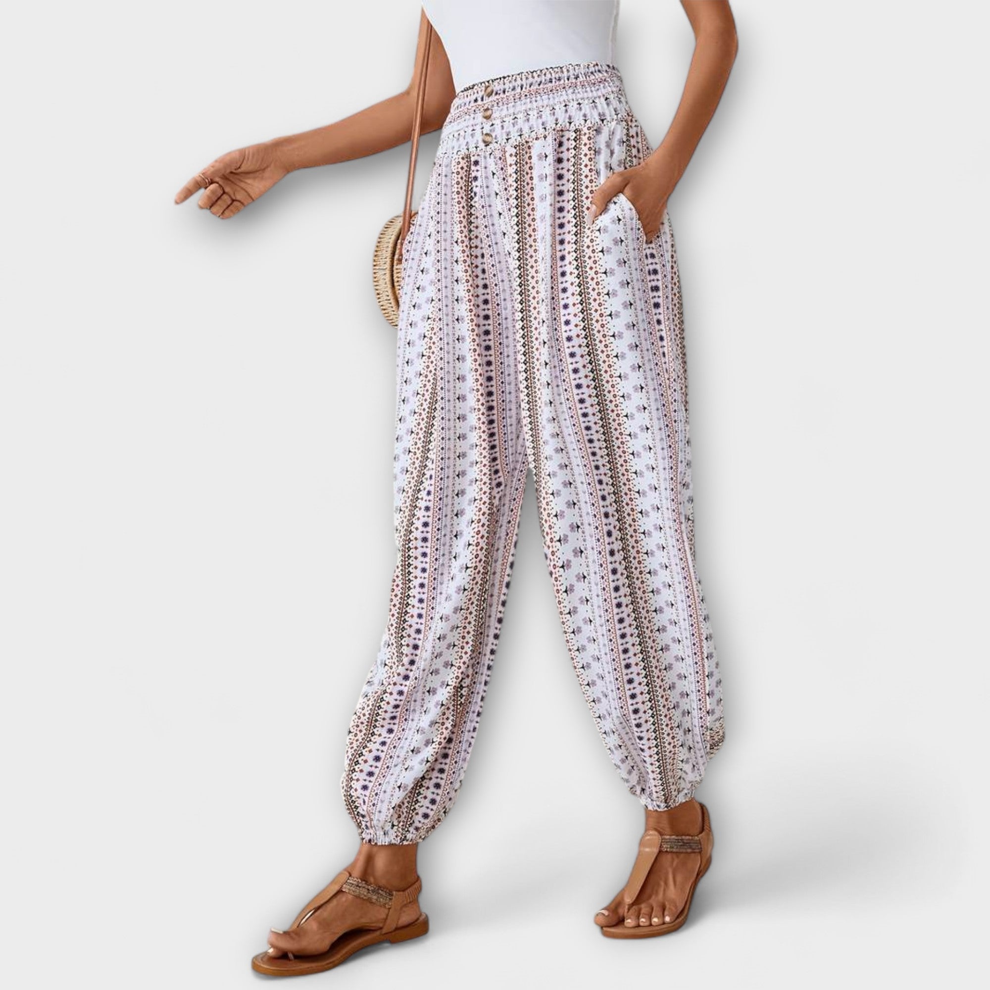 Relaxed Ethnic Print Wide-Leg Trousers Spring