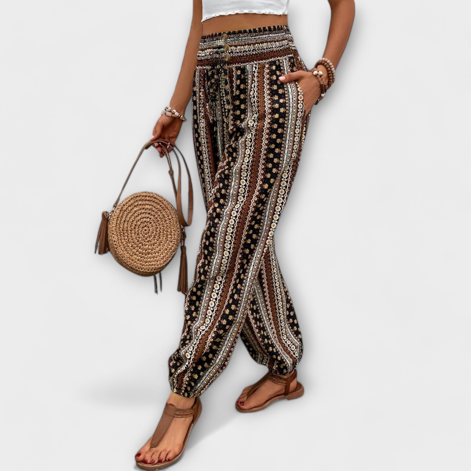 Relaxed Ethnic Print Wide-Leg Trousers Spring