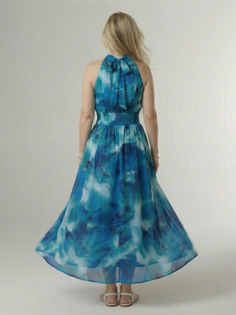 Elegant Smocked Halterneck Midi Dress Summer