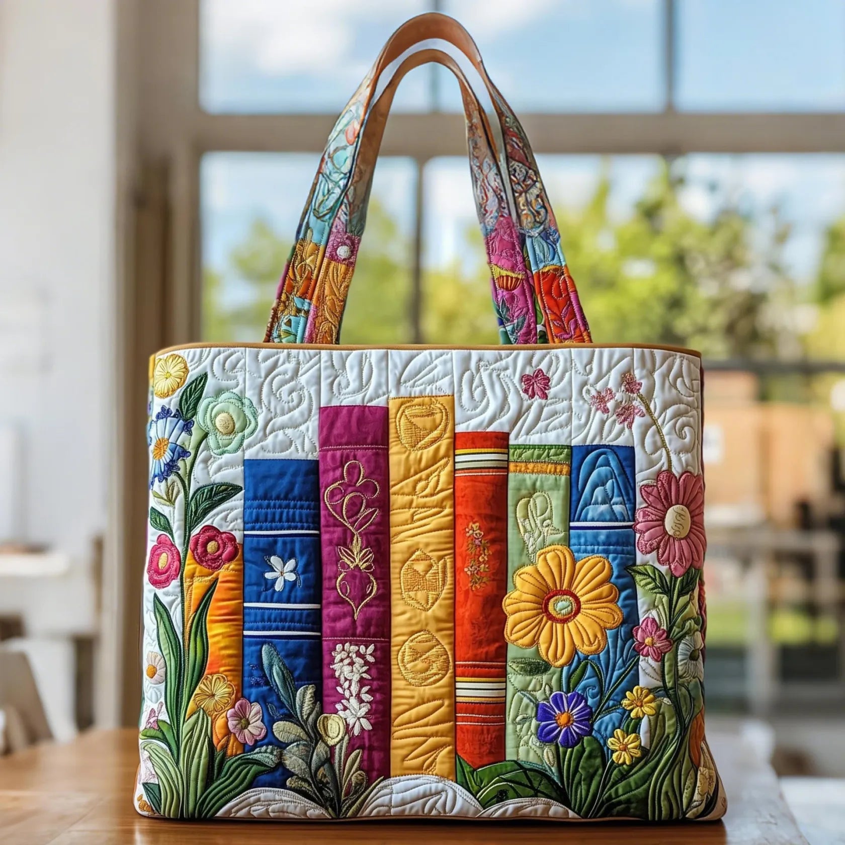 Elegant Handcrafted Floral Library Tote Bag Spring Cotton