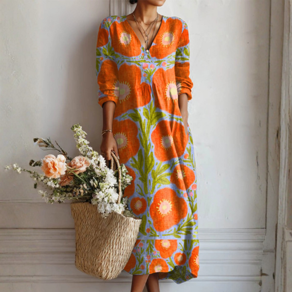 Elegant Floral Print Summer Midi Dress Relaxed Fit