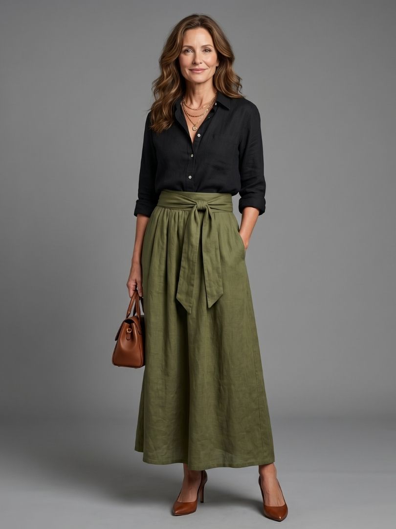 Elegant Two-Piece Midi Skirt Blouse Set