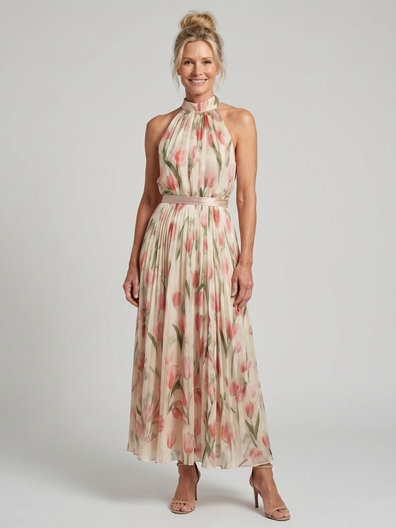 Elegant Floral Midi Dress with Neck Tie Detail for Spring