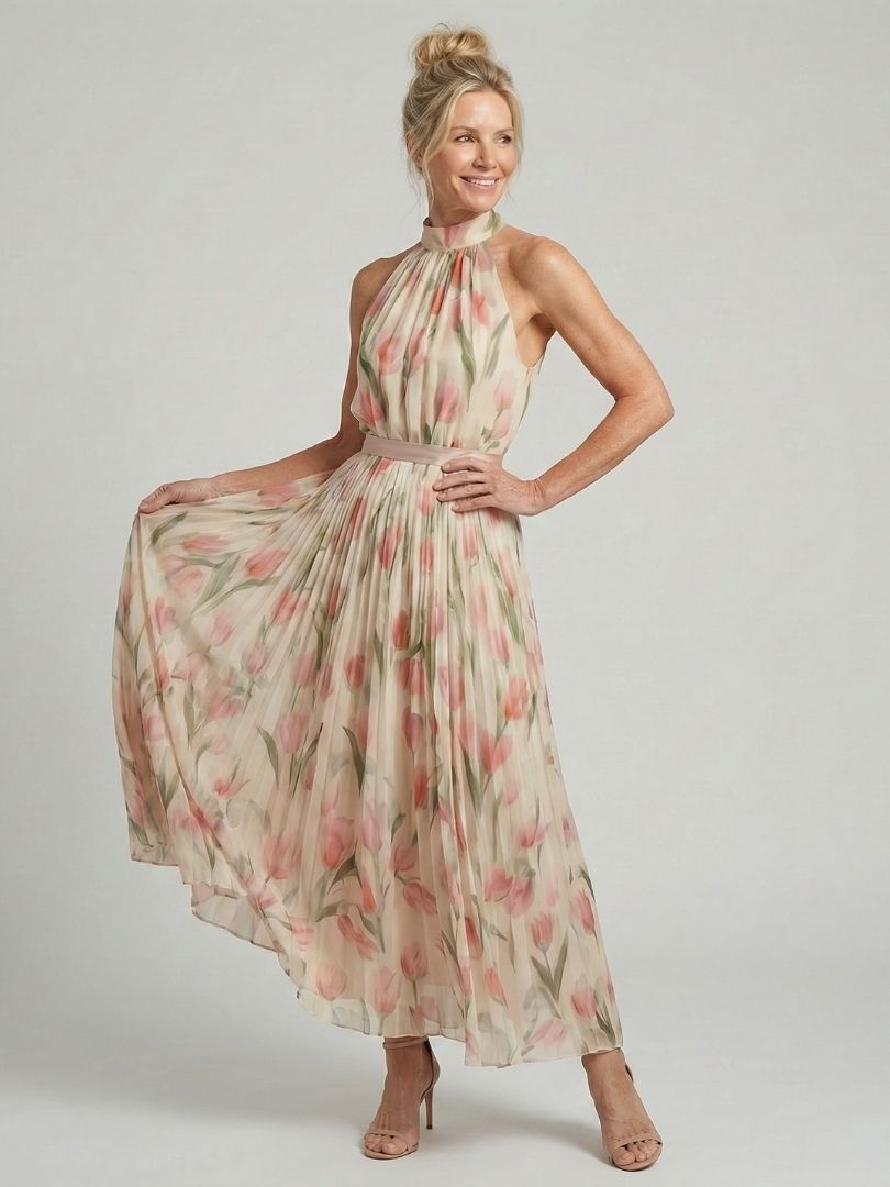 Elegant Floral Midi Dress with Neck Tie Detail for Spring