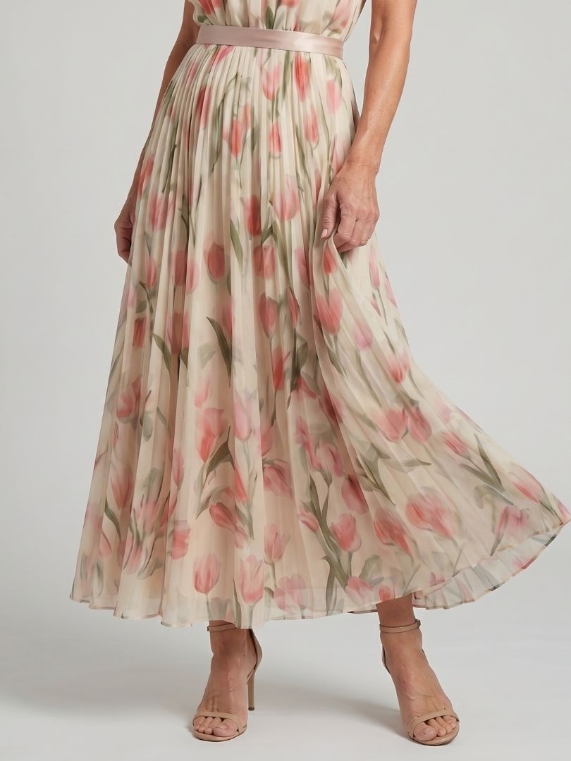 Elegant Floral Midi Dress with Neck Tie Detail for Spring