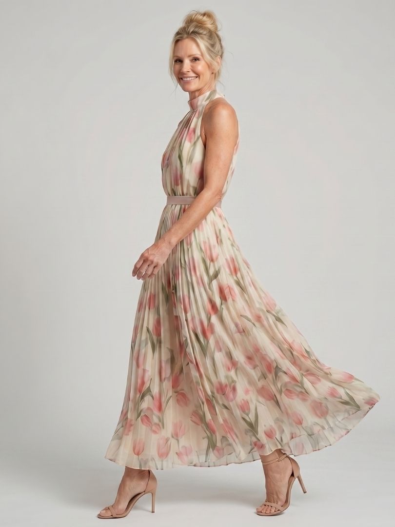 Elegant Floral Midi Dress with Neck Tie Detail for Spring