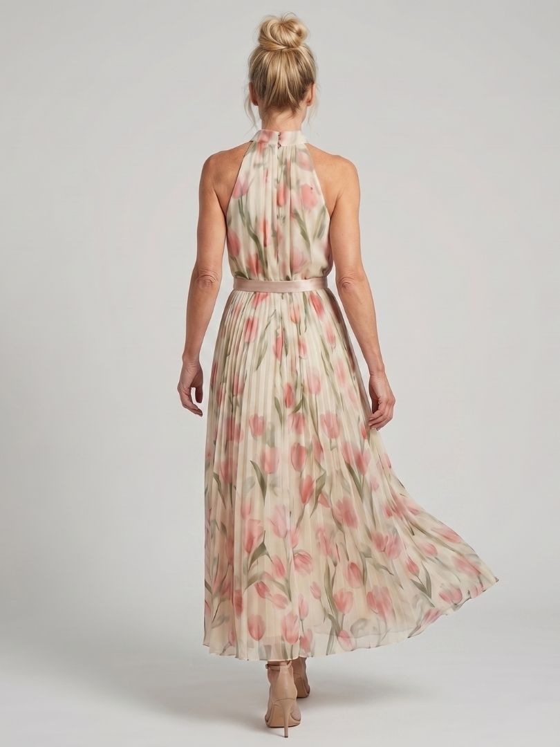 Elegant Floral Midi Dress with Neck Tie Detail for Spring