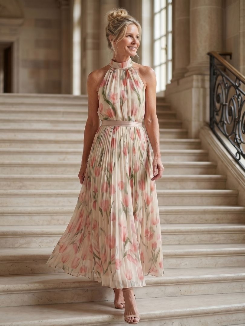 Elegant Floral Midi Dress with Neck Tie Detail for Spring