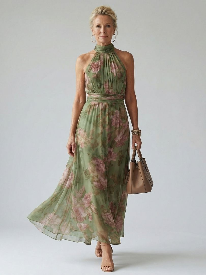 Elegant Gathered Neckline Midi Dress for Summer