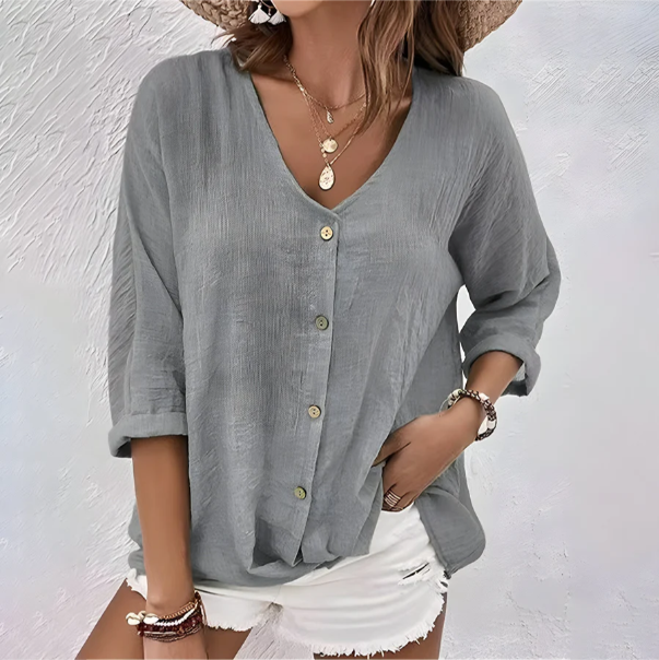 Relaxed Linen-Feel Button-Up Blouse for Spring