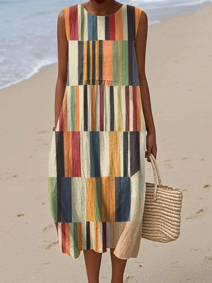 Elegant Sleeveless Linen Summer Dress with Pockets
