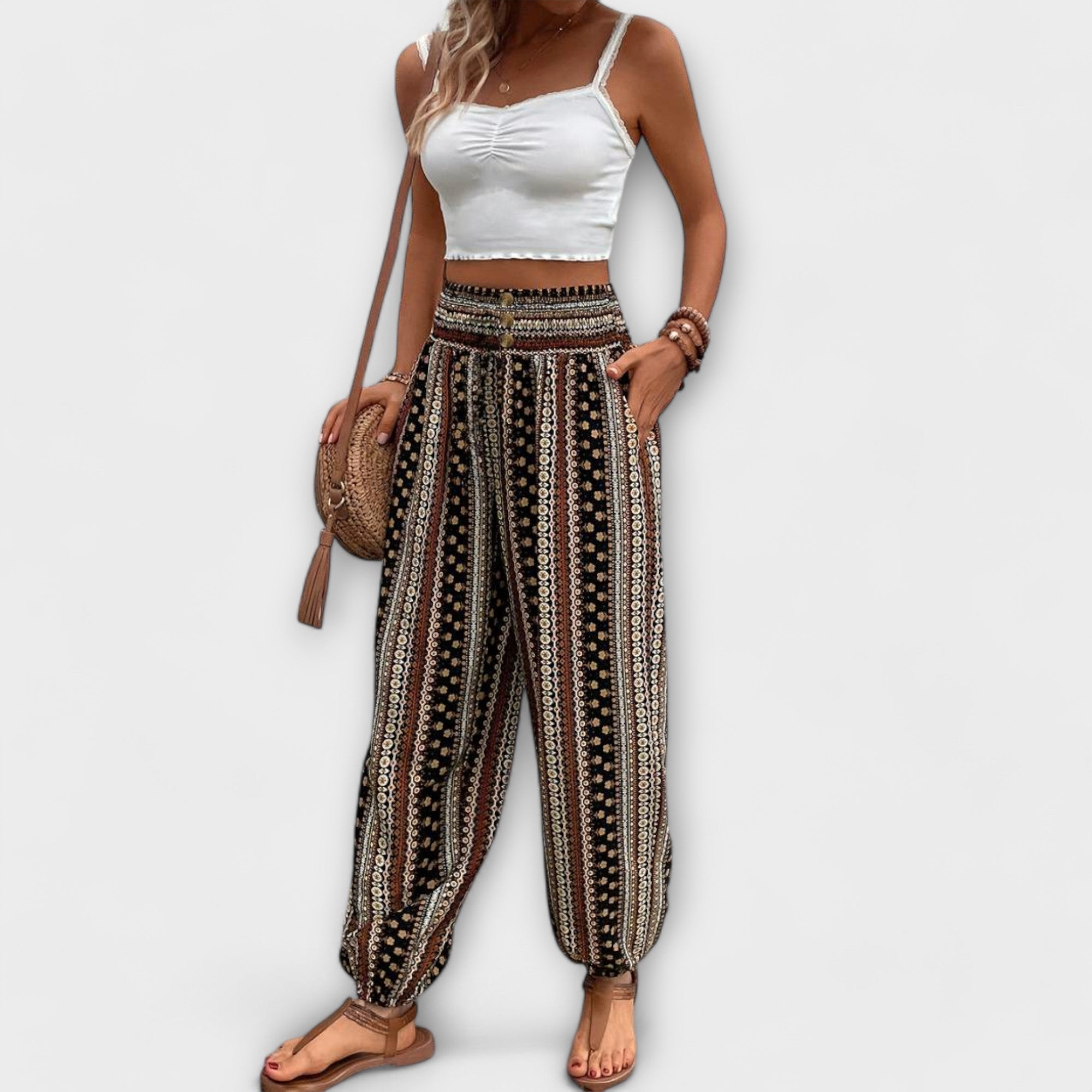 Relaxed Ethnic Print Wide-Leg Trousers Spring