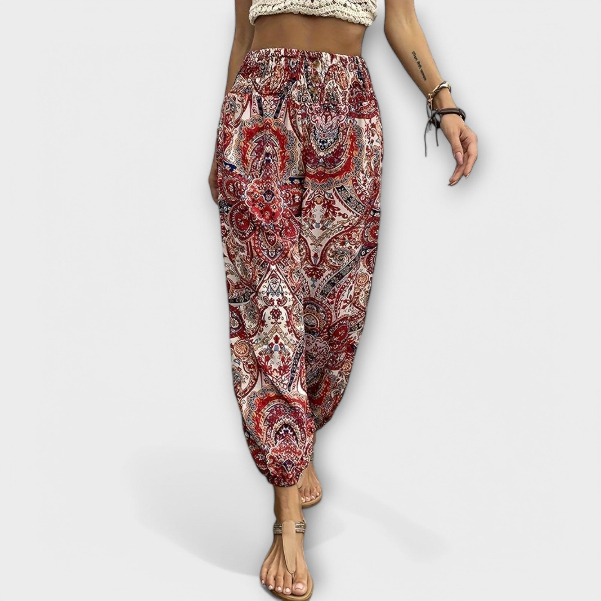 Relaxed Ethnic Print Wide-Leg Trousers Spring