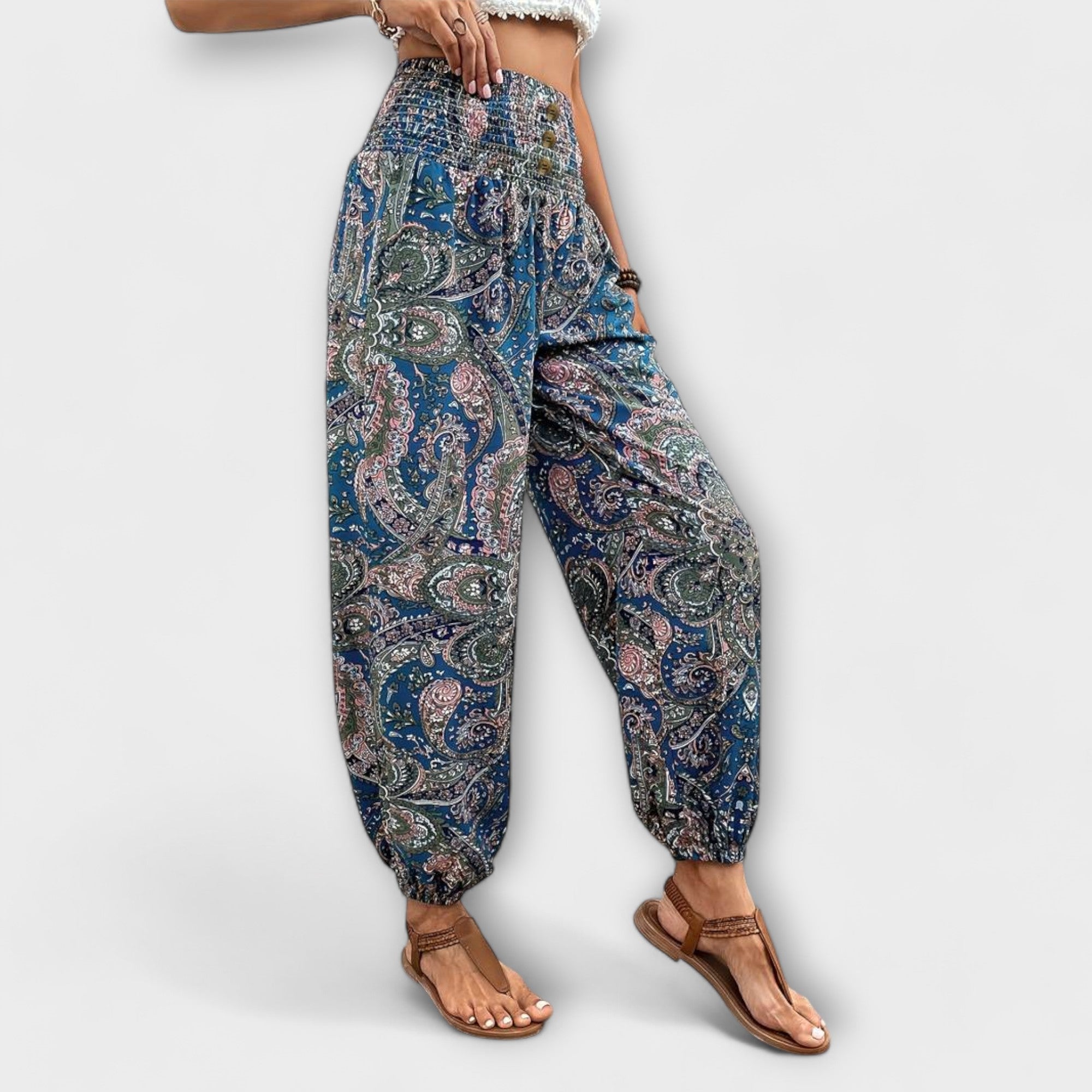 Relaxed Ethnic Print Wide-Leg Trousers Spring