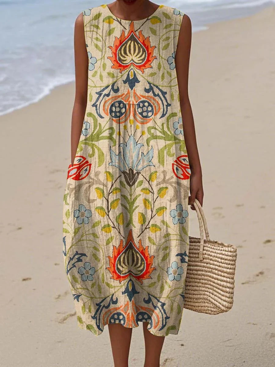 Relaxed Sleeveless Linen Pocket Dress for Autumn