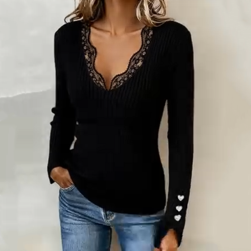 Relaxed Knit Lace V-Neck Top for Autumn